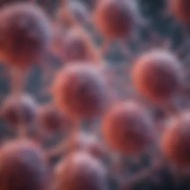 Complexity of Cancer Cells An artistic representation of cancer cells under a microscope, illustrating the complexity of cancer biology.