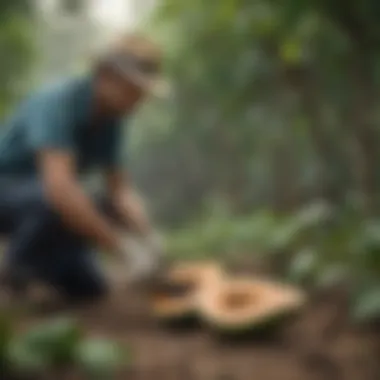 Gardener applying fertilizer to papaya roots