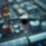 Aerial view of production drone over an industrial site