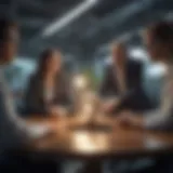 A corporate team discussing sustainability strategies in a modern office setting
