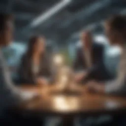 A corporate team discussing sustainability strategies in a modern office setting