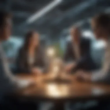 A corporate team discussing sustainability strategies in a modern office setting