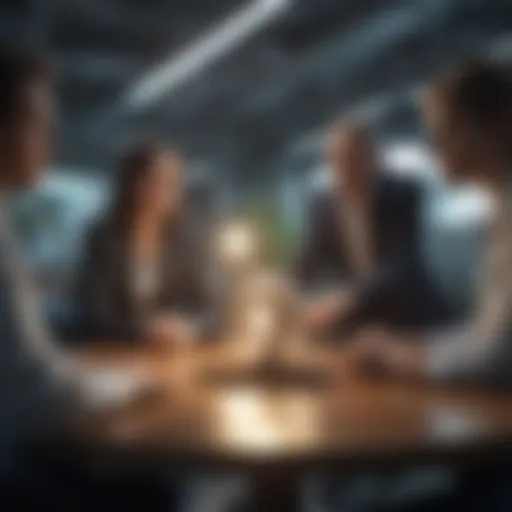 A corporate team discussing sustainability strategies in a modern office setting