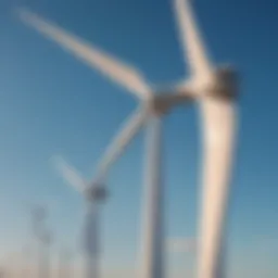 A detailed view of a wind turbine's blades under blue skies