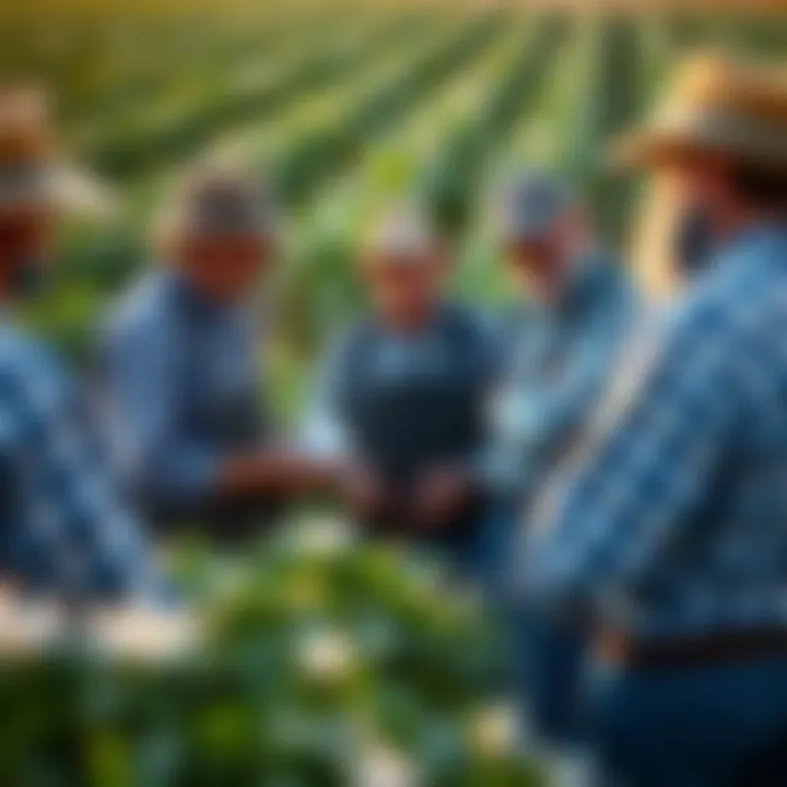 Farmers discussing sustainable farming practices for soybeans