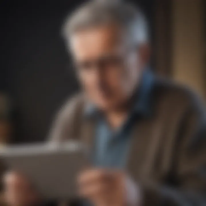 An elderly individual concentrating on a digital memory app on a tablet