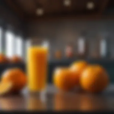 Freshly Squeezed Delight A glass of freshly squeezed orange juice with a backdrop of oranges