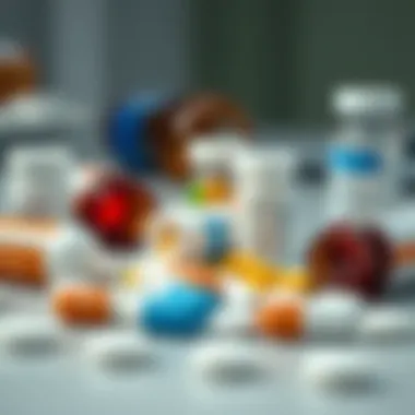 Illustration of various rheumatoid arthritis medications on a table