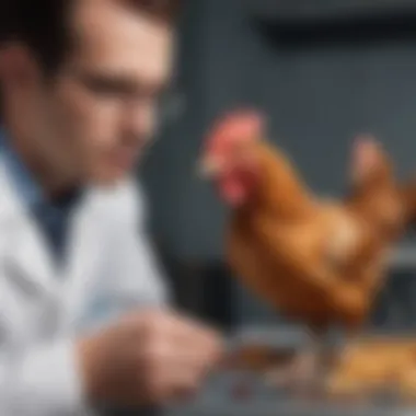 Veterinarian examining a chicken for signs of necrotic enteritis