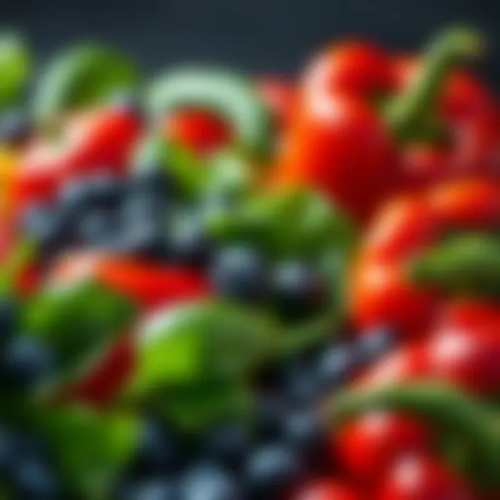Antioxidant-Rich Produce Supporting Nerve Repair A colorful array of fruits and vegetables loaded with antioxidants, showcasing blueberries, spinach, and bell peppers.