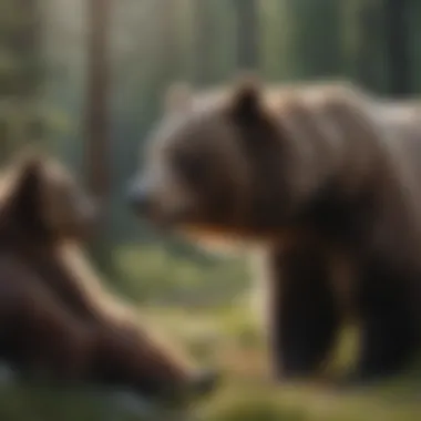 Research on Grizzly Bears A scientist studying grizzly bears in the wild, focusing on their hibernation patterns.