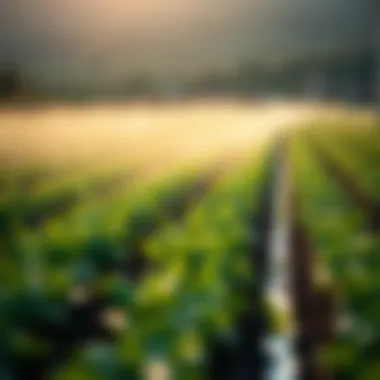 Water's Vital Role in Agriculture An agricultural field with crops thriving with the help of irrigation systems.