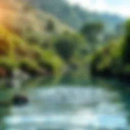 A serene landscape showcasing a pristine water source surrounded by lush greenery.