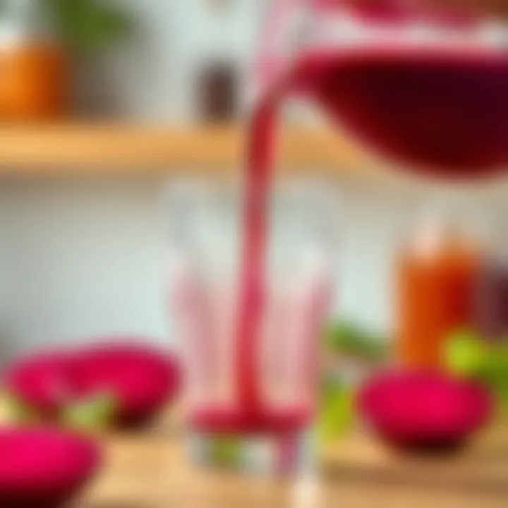 Pouring Fresh Beet Juice into a Glass A close-up of beet juice being poured into a clear glass with condensation