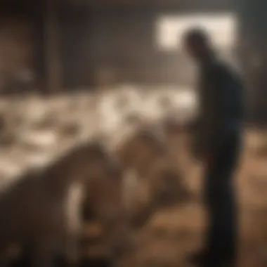 A farmer examining goats for health, representing disease management practices