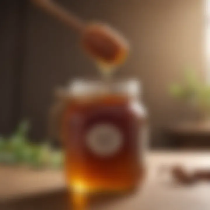 Close-up view of Manuka honey in a jar with a wooden dipper