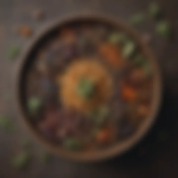 A close-up of dried herbs arranged in a decorative bowl, showcasing their natural textures and colors.