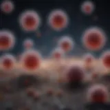 A microscopic view showcasing viral particles in association with melanoma cells.